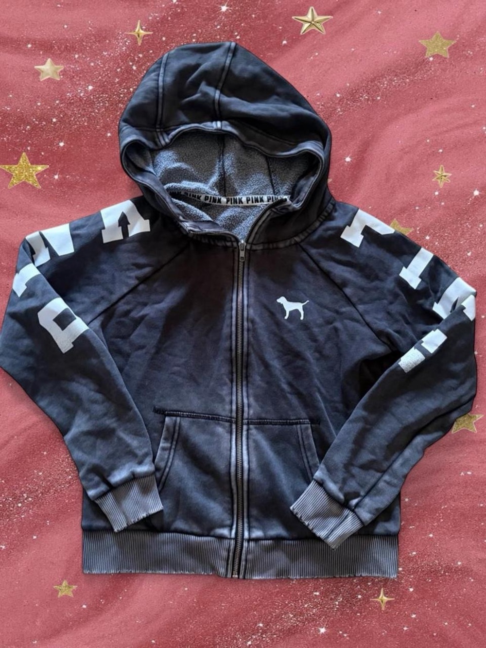 PINK Victoria's Secret Black Zip-Up Hoodie with White Logo and Sleeve Letters